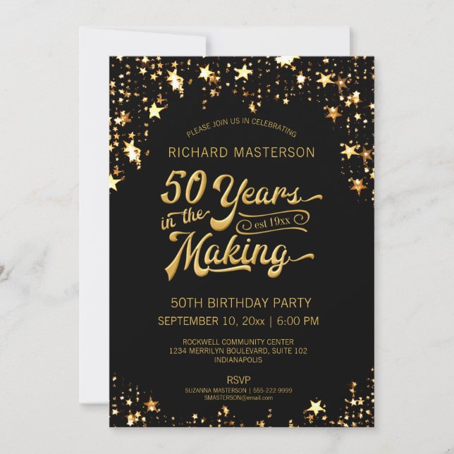 Invitación 50.º cumpleaños Estrellas de oro y negro (Anverso)