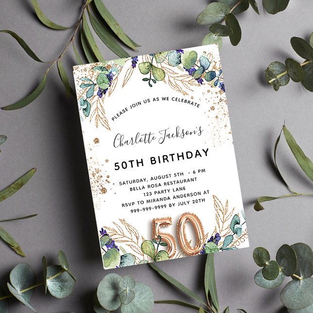 Invitación 50.º cumpleaños eucalipto verde purpurina elegante (Subido por el creador)