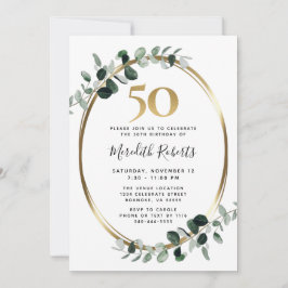 Invitación 50.º cumpleaños Eucalyptus Fiesta metálico de oro