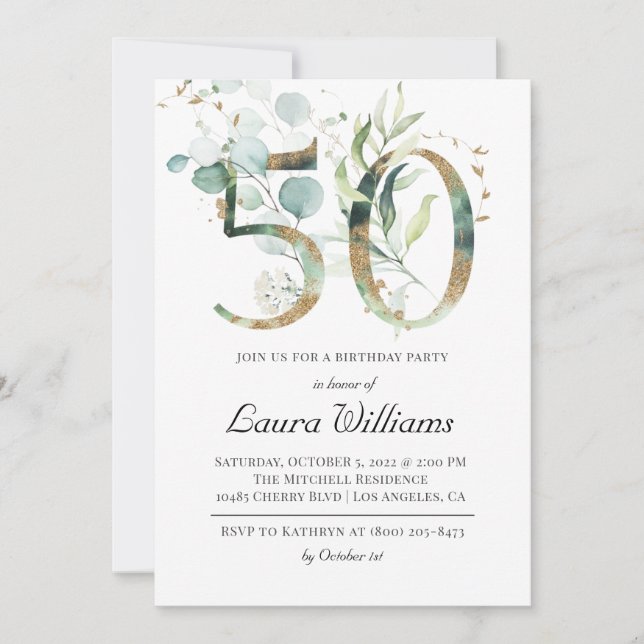 Invitación 50.º cumpleaños Eucalyptus Greenery Invitation (Anverso)