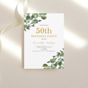 Invitación 50.º cumpleaños Eucalyptus Watercolor Gold Script