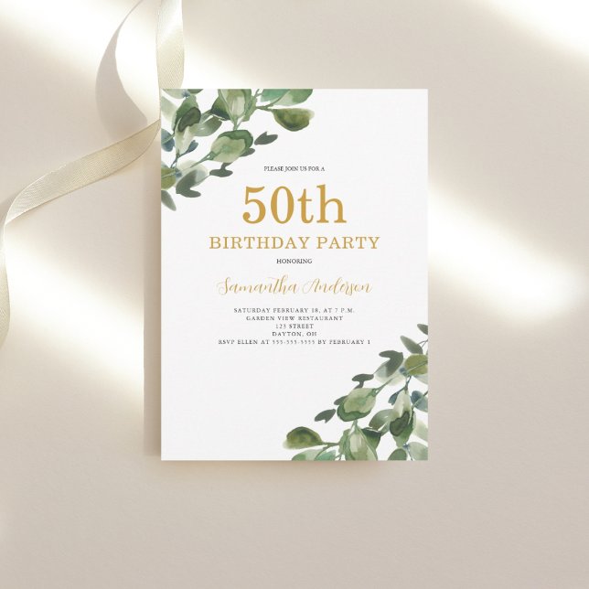 Invitación 50.º cumpleaños Eucalyptus Watercolor Gold Script (Subido por el creador)