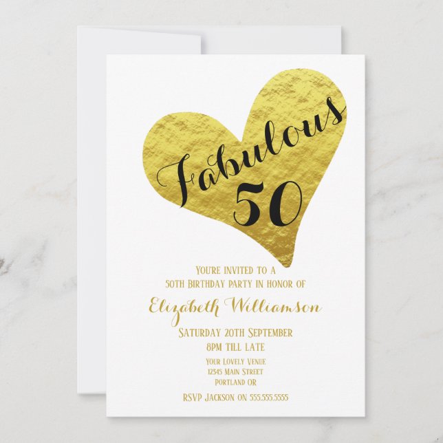 Invitación 50.º cumpleaños Fabuloso 50 White| Faux Gold Heart (Anverso)
