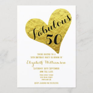 Invitación 50.º cumpleaños Fabuloso 50 White Faux Gold Heart