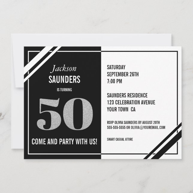 Invitación 50.º cumpleaños Fiesta blanco y negro moderno (Anverso)