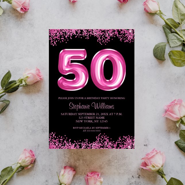 Invitación 50.º cumpleaños Fiesta de los globos rosados brill (Subido por el creador)