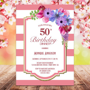 Invitación 50.º cumpleaños Fiesta floral morado rayado rosado