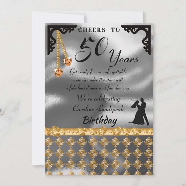 Invitación 50.º cumpleaños Fiesta Relieve metalizado plateado (Anverso)
