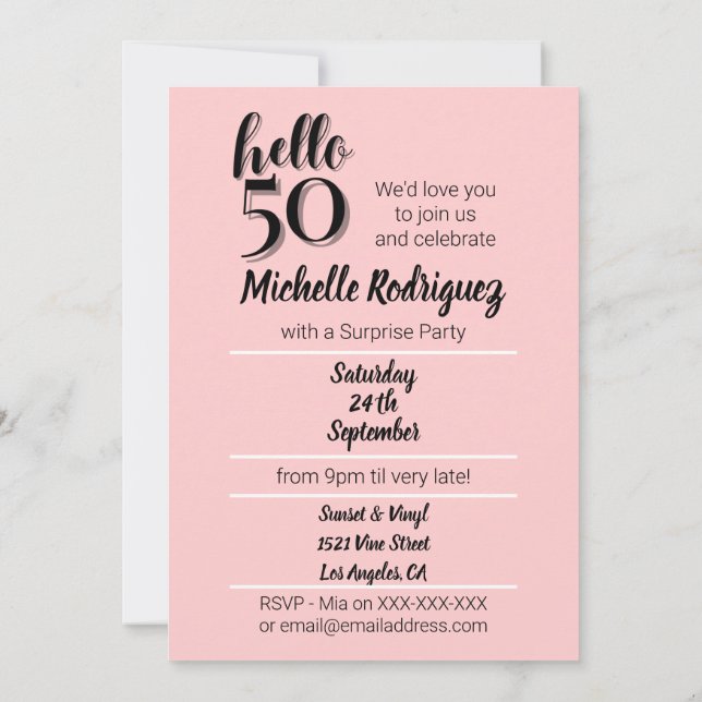 Invitación 50.º cumpleaños Fiesta rosa y negro moderno (Reverso)