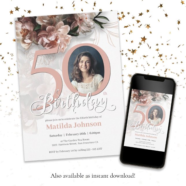Invitación 50.º cumpleaños Floral blanca suave rosa elegante  (50th Birthday White Floral Soft Pink Elegant Photo Invitation)