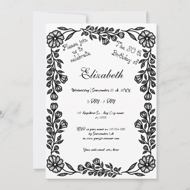 Invitación 50.º cumpleaños Floral Botánica blanca y negra (Anverso)
