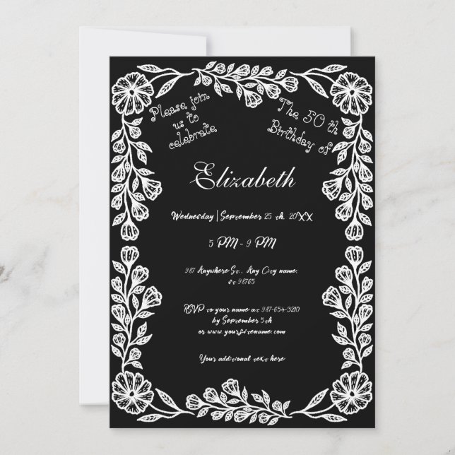 Invitación 50.º cumpleaños Floral Botánica Blanca y Negra (Anverso)