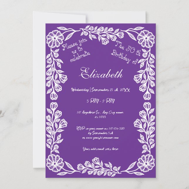 Invitación 50.º cumpleaños Floral Botánica Blanco y Morado (Anverso)