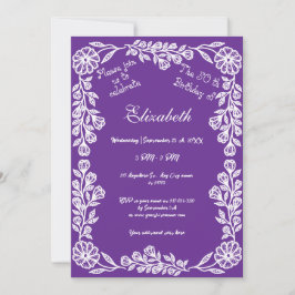 Invitación 50.º cumpleaños Floral Botánica Blanco y Morado