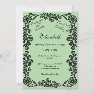 Invitación 50.º cumpleaños Floral Botánica de color negro y v