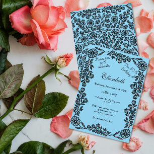 Invitación 50.º cumpleaños Floral Botánica Negra y Azul