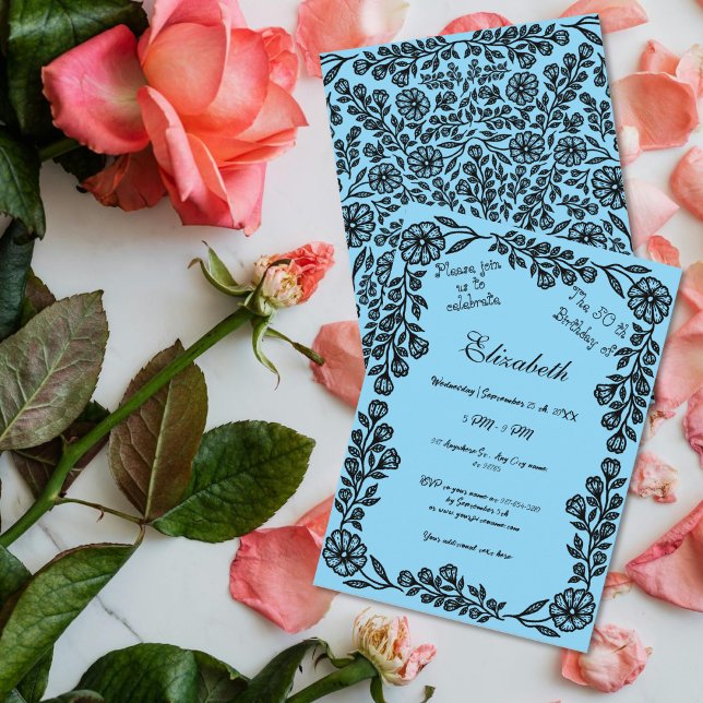 Invitación 50.º cumpleaños Floral Botánica Negra y Azul (Subido por el creador)