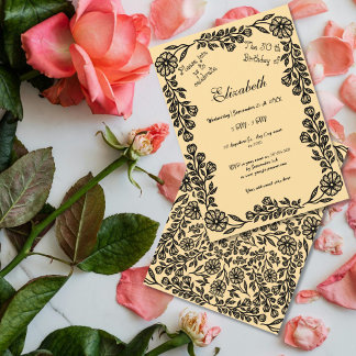 Invitación 50.º cumpleaños Floral Botánica Negra y Beige