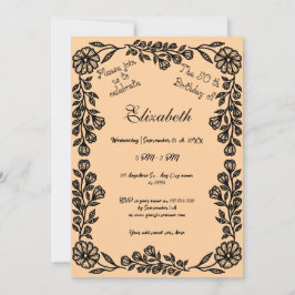 Invitación 50.º cumpleaños Floral Botánica Negra y Peach