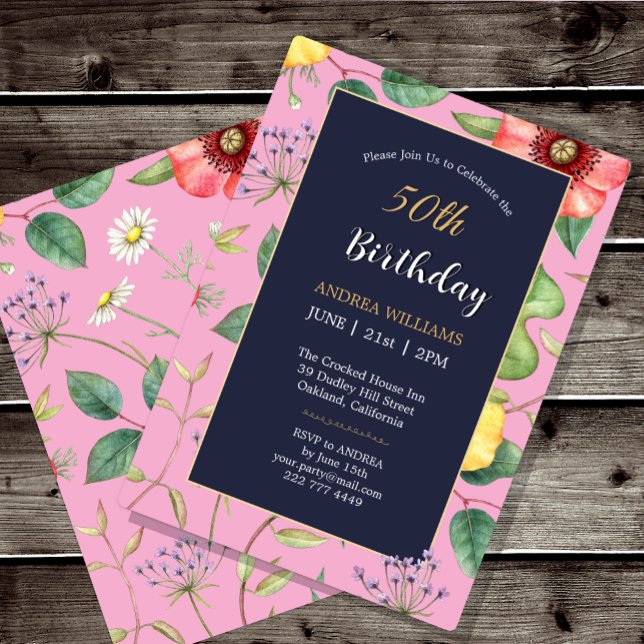 Invitación 50.º cumpleaños Flores salvajes de dibujos de cose (Subido por el creador)