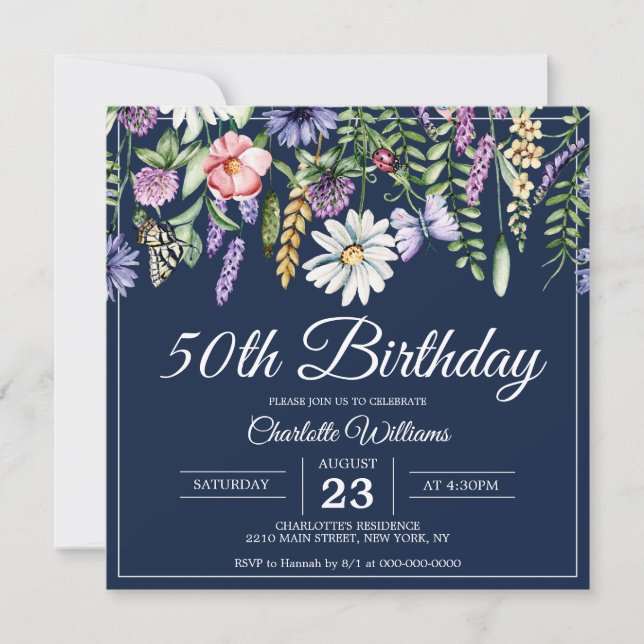 Invitación 50.º cumpleaños Flores salvajes elegante floral az (Anverso)