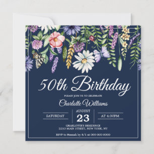 Invitación 50.º cumpleaños Flores salvajes elegante floral az