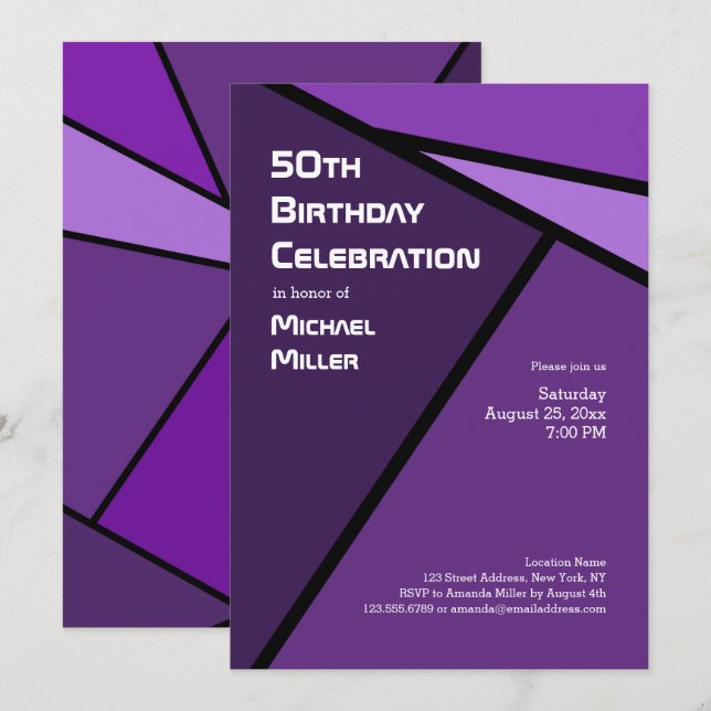 Invitación 50.º cumpleaños Formas geométricas púrpura moderna (Anverso / Reverso)