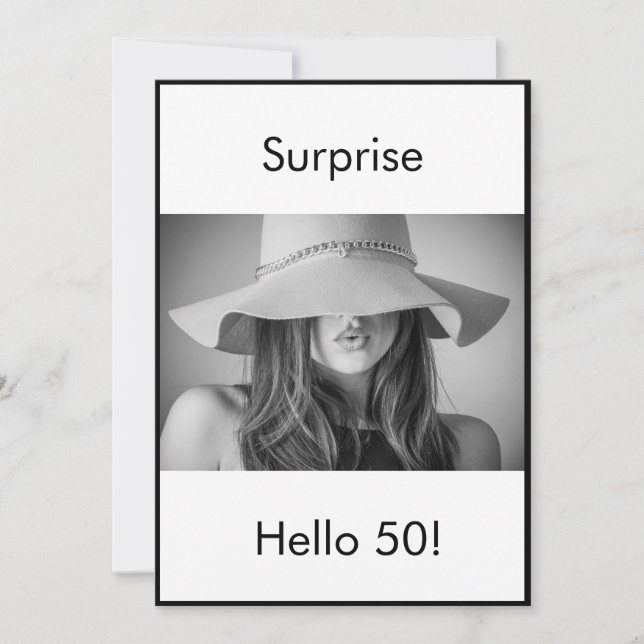 Invitación 50.º cumpleaños foto blanca negra sorpresa elegant (Anverso)