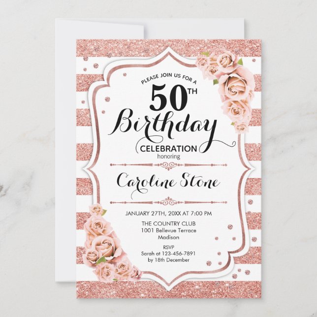 Invitación 50.º cumpleaños - franjas blancas de oro Rosa (Anverso)
