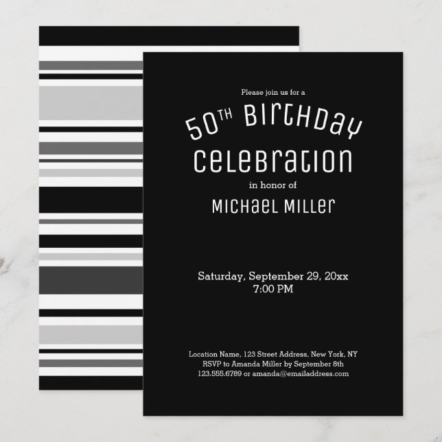 Invitación 50.º cumpleaños franjas modernas de gris blanco ne (Anverso / Reverso)