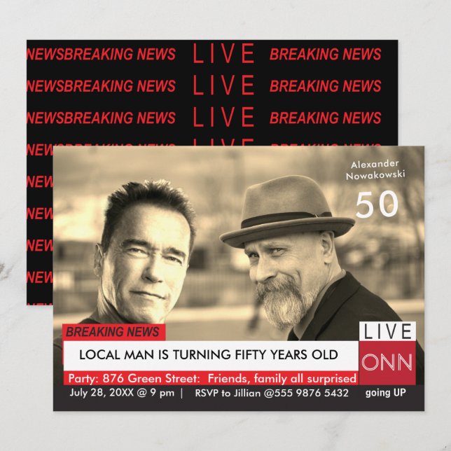 Invitación 50.º cumpleaños Funny TV News Arnold Schwarzenegge (Anverso / Reverso)