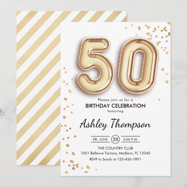 Invitación 50.º cumpleaños - Globos de oro (Anverso / Reverso)