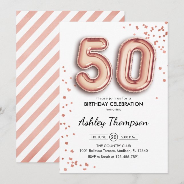 Invitación 50.º cumpleaños - Globos de oro Rosas (Anverso / Reverso)