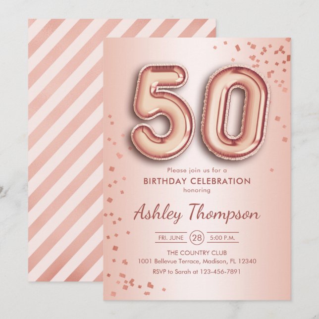 Invitación 50.º cumpleaños - Globos de oro Rosas (Anverso / Reverso)
