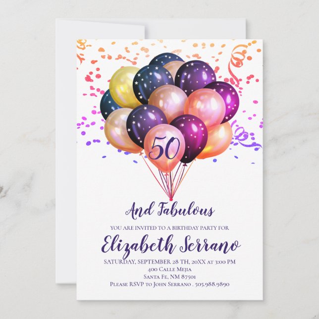 Invitación 50.º cumpleaños Globos multicolores metálicos (Anverso)