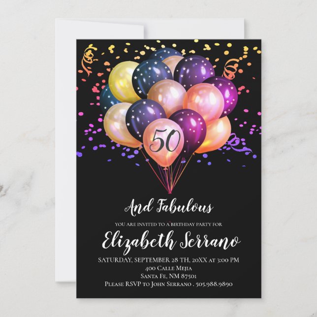 Invitación 50.º cumpleaños Globos negros y multicolor (Anverso)