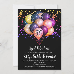 Invitación 50.º cumpleaños Globos negros y multicolor