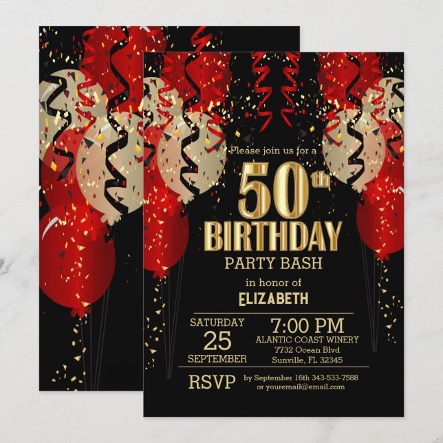 Invitación 50.º cumpleaños - Globos rojos (Anverso / Reverso)
