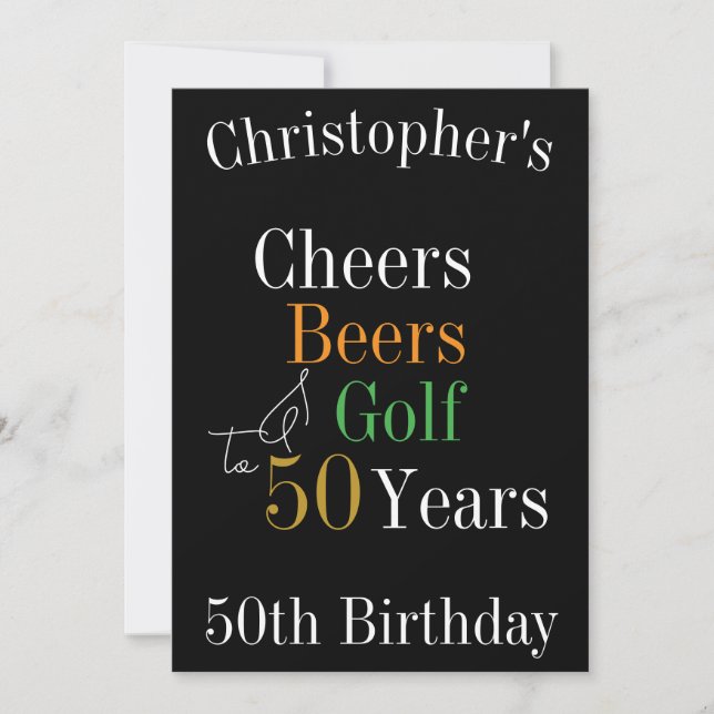 Invitación 50.º Cumpleaños Golf Cheers Beers Black Gold Fiest (Anverso)