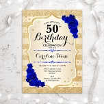 Invitación 50.º cumpleaños - Golpes de oro Rosas azules reale<br><div class="desc">50.ª Invitación de cumpleaños. Diseño elegante en oro y azul real. Presenta franjas de oro purpurina falsas,  letra de guión elegante para rosas de zafiro y confeti. Perfecto para una fiesta de cumpleaños glam.</div>