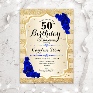 Invitación 50.º cumpleaños - Golpes de oro Rosas azules reale