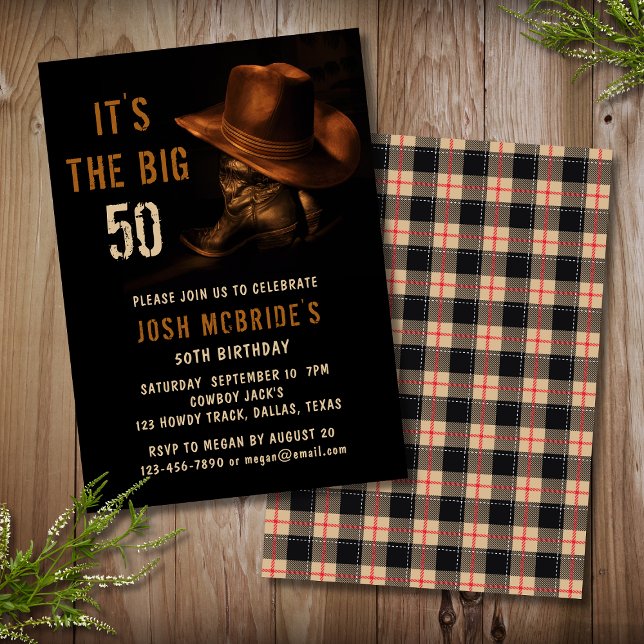 Invitación 50.º cumpleaños Gorra rústico de vaquero y botes d (Subido por el creador)