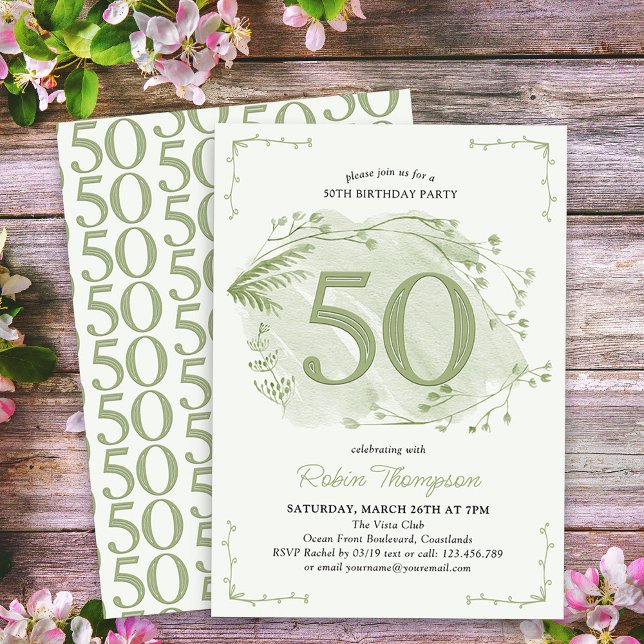 Invitación 50.º cumpleaños Green Dainty Wildflower Número 50 (50th Birthday Invitation - buy professionally printed or as digital download for printing or sharing)