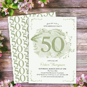 Invitación 50.º cumpleaños Green Dainty Wildflower Número 50