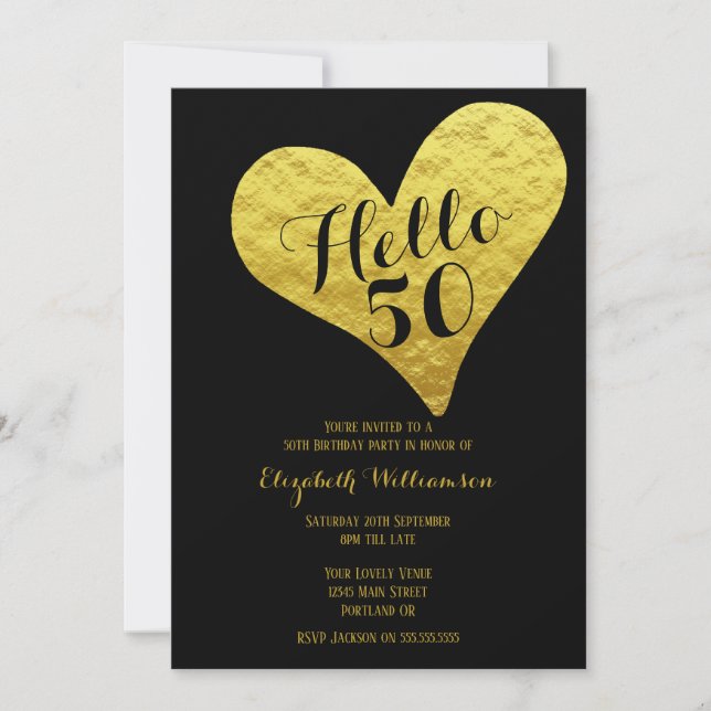 Invitación 50.º cumpleaños Hola 50 negro | Faux Gold Heart (Anverso)