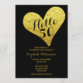 Invitación 50.º cumpleaños Hola 50 negro | Faux Gold Heart