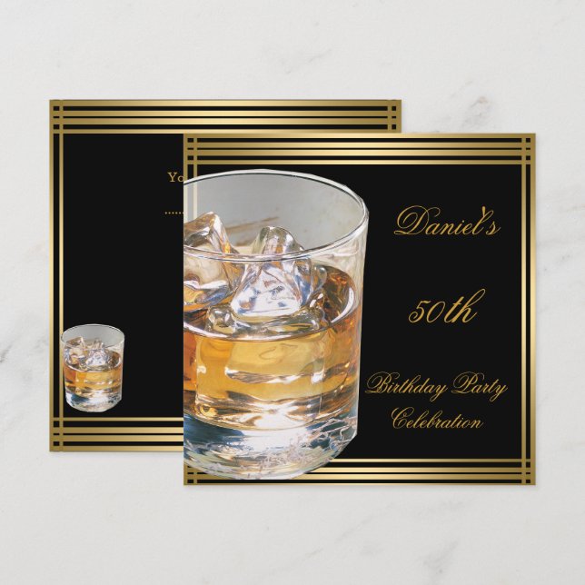 Invitación 50.º cumpleaños hombres Sepia Bebe Fría de Oro (Anverso / Reverso)