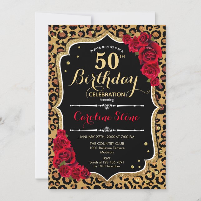 Invitación 50.º cumpleaños - Impresión de leopardo de las ros (Anverso)