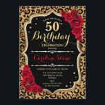 Invitación 50.º cumpleaños - Impresión de leopardo de las ros<br><div class="desc">50.ª Invitación de cumpleaños. Elegante diseño blanco y negro rojo con falso oro purpurina. Presenta impresión animal leopard cheetah,  fuente de guiones y rosas. Perfecto para una elegante fiesta de cumpleaños. ¡Puede ser personalizado en cualquier año! Mándame un mensaje si necesitas más personalización.</div>