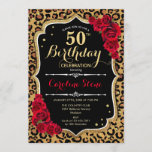 Invitación 50.º cumpleaños - Impresión de leopardo de las ros<br><div class="desc">50.ª Invitación de cumpleaños. Elegante diseño blanco y negro rojo con falso oro purpurina. Presenta impresión animal leopard cheetah,  fuente de guiones y rosas. Perfecto para una elegante fiesta de cumpleaños. ¡Puede ser personalizado en cualquier año! Mándame un mensaje si necesitas más personalización.</div>